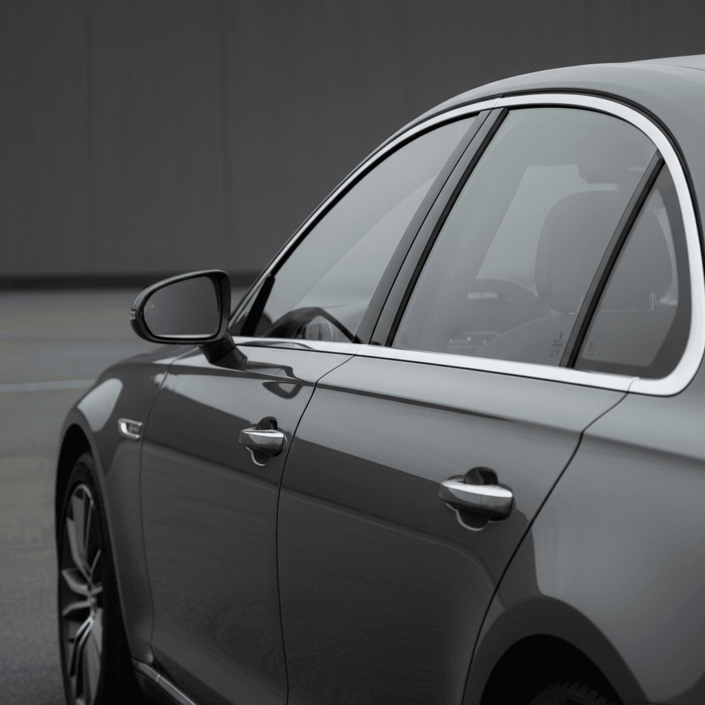 Close-up of luxury sedan's gleaming side profile showing polished chrome trim and elegant body lines